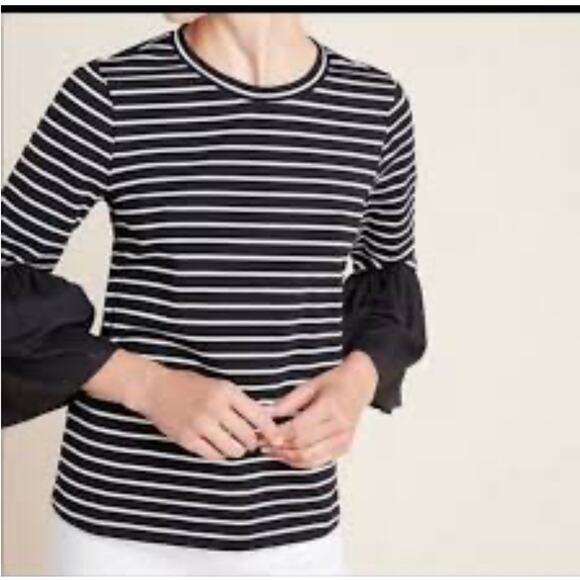 Anthropologie Adele Striped Bell Sleeve Top Size Medium Black White Capsule Fall - Picture 1 of 10